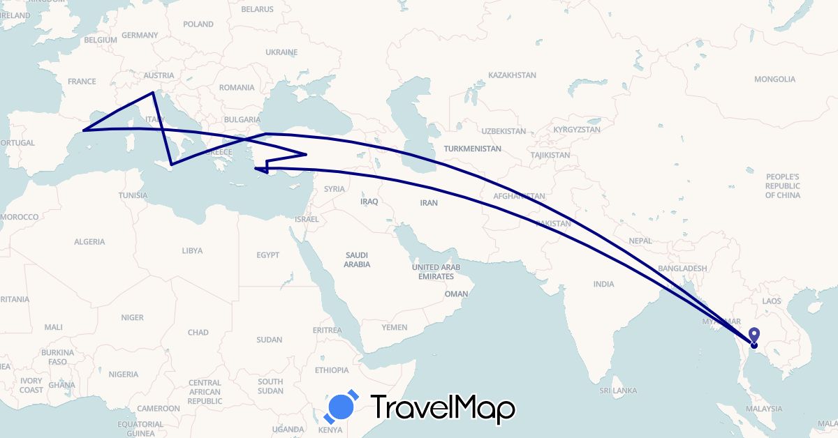 TravelMap itinerary: driving in Spain, Italy, Thailand, Turkey (Asia, Europe)